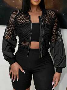 SHEIN SXY Mesh Contrast Short Jacket With Sheer Sleeves In Fall/Winter - Black - View 8