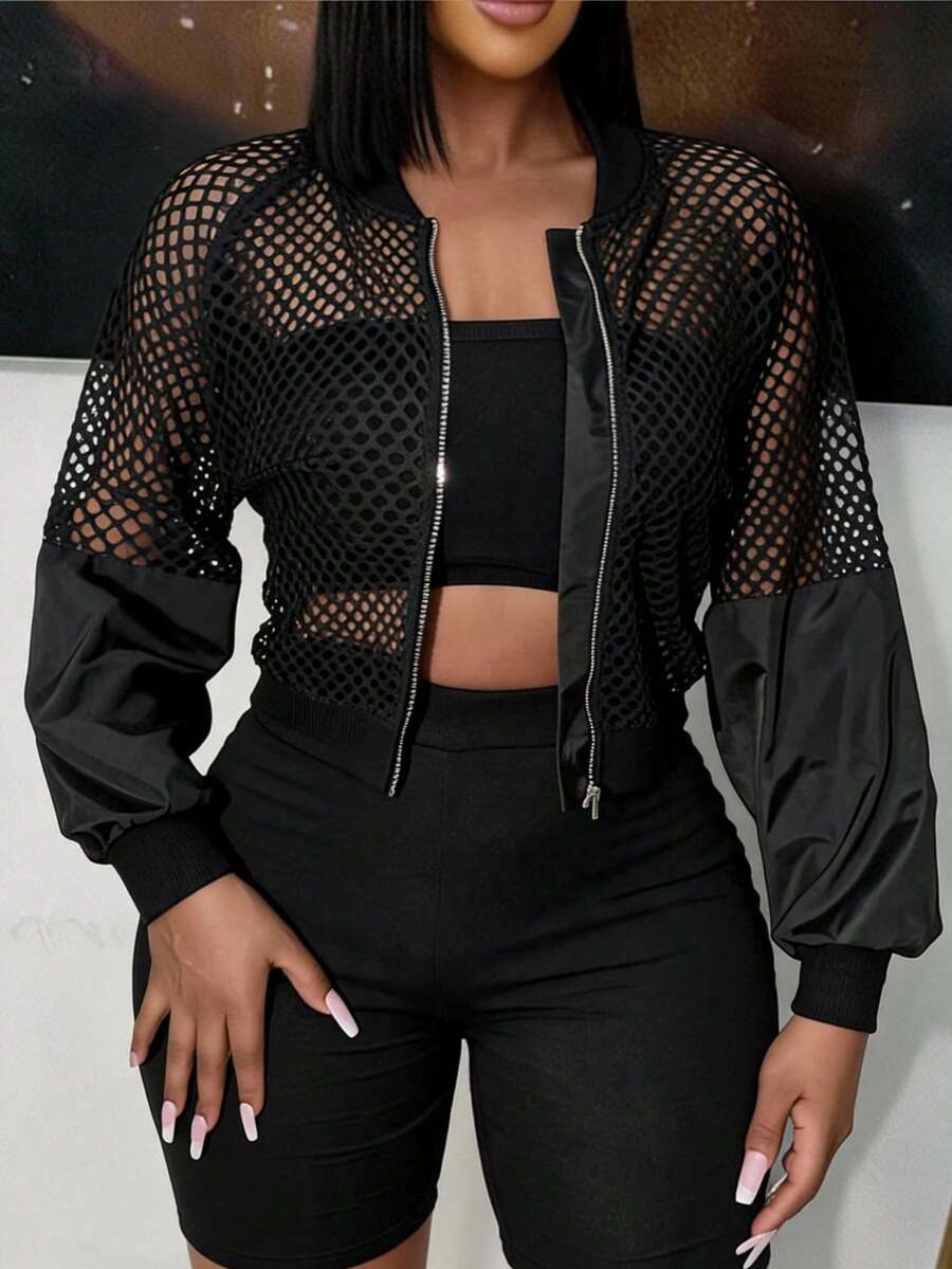 SHEIN SXY Chaqueta corta de malla con contraste y mangas transparentes para otoño/invierno - Negro - Ver 1