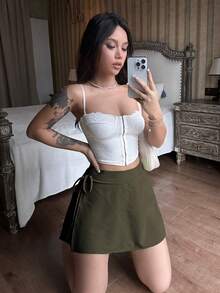 Flirla 夏季休閒百搭純色短褲 - 軍綠色 - 查看 6
