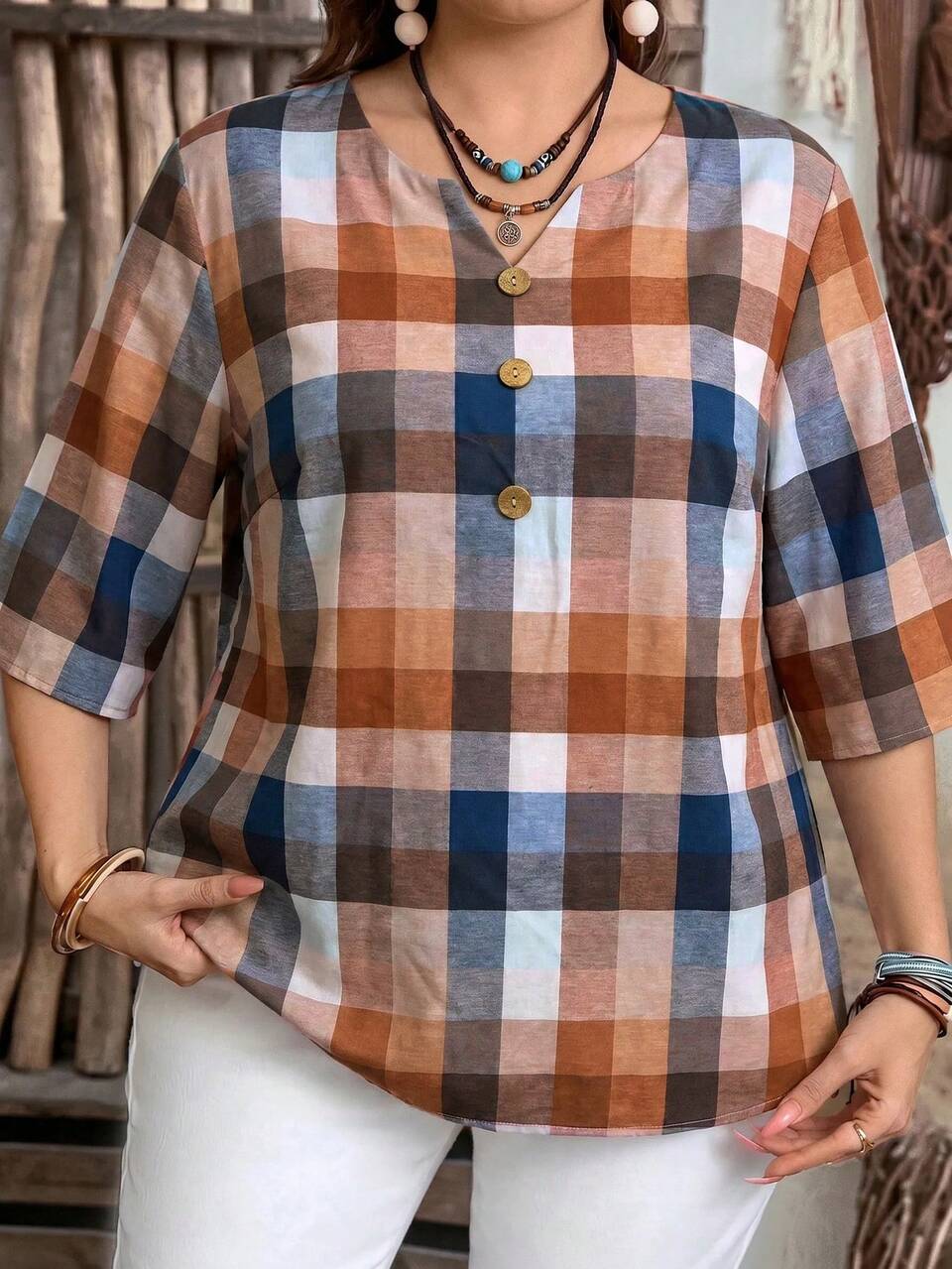 Plus Size Plaid V-Neck Button Long Sleeve Loose Shirt Summer Casual 1960s 90s Office Brunch Formal Vacation Layering Going Out Outfits Women Brown
