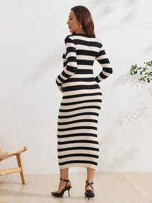 SHEIN Maternity Minimalist Soft Form Normal Versatile Colorblock White Long Sleeve Elegant Sweater Dress, Autumn Gender Reveal - Multicolor - View 2