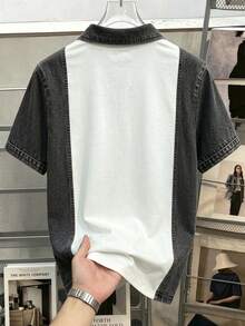 Manfinity Joysei 男士拼接牛仔效果印花短袖休閒 Polo 衫 - 黑與白 - 查看 2