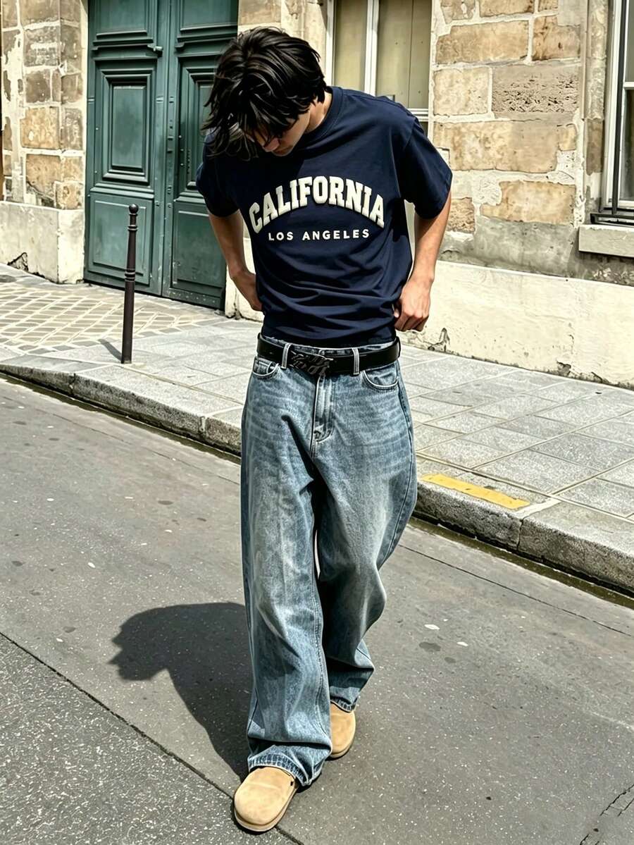 Manfinity Dauomo 男士标准尺码字母印花圆领休闲短袖T恤，夏季款 - 藏蓝色 - 查看 1