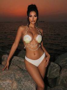 Swim SXY 女款性感掛脖露背貝殼珍珠上衣，花朵流蘇裝飾 - Limelight Green - 查看 1