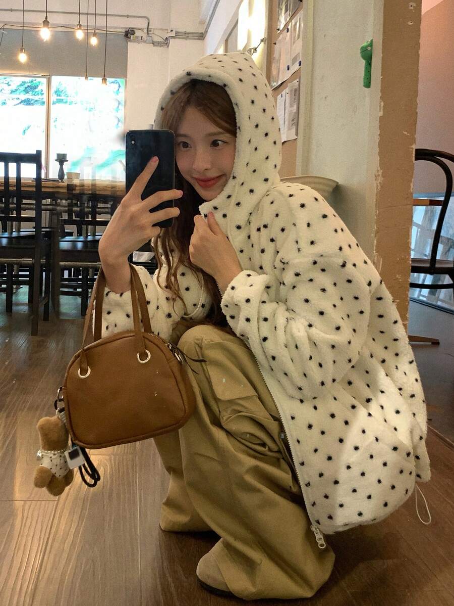 DAZY Women's Hooded Polka Dot Korean Style Casual Long Sleeve Jacket - Apricot - View 1