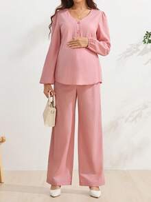 SHEIN 孕婦純色哺乳上衣可調腰帶休閒日常2件套 - 粉色 - 查看 3