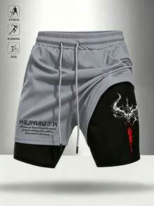 Gym Rark Pantalones cortos deportivos de doble capa con cintura de cordón y estampado de eslogan para hombres - Gris - Ver 3