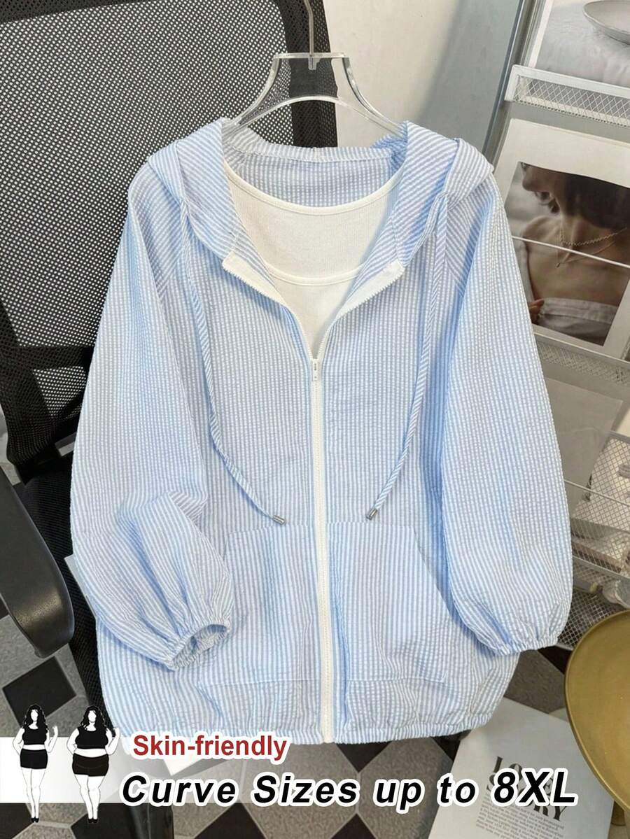 SHEIN CURVE+ 大尺碼女款條紋口袋夾克薄款休閒外套 - 藍白色 - 查看 1