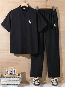 SHEIN 2件組青少年男孩寬鬆版型彩色拼接小馬Logo印花立領短袖針織上衣與長褲套裝，適合生日派對、晚會、表演、婚禮、洗禮、開幕式、日常穿著、校園穿著、旅行穿著、運動穿著，春/夏 - 黑色 - 查看 5