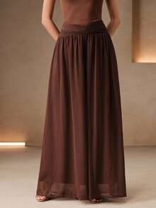Anewsta Summer Vacation Style V-Neck Pleated Waist Drape Chiffon Wide Leg Culottes Long Pants, Suitable For Vacations, Trips And Commuting - Brown - View 3