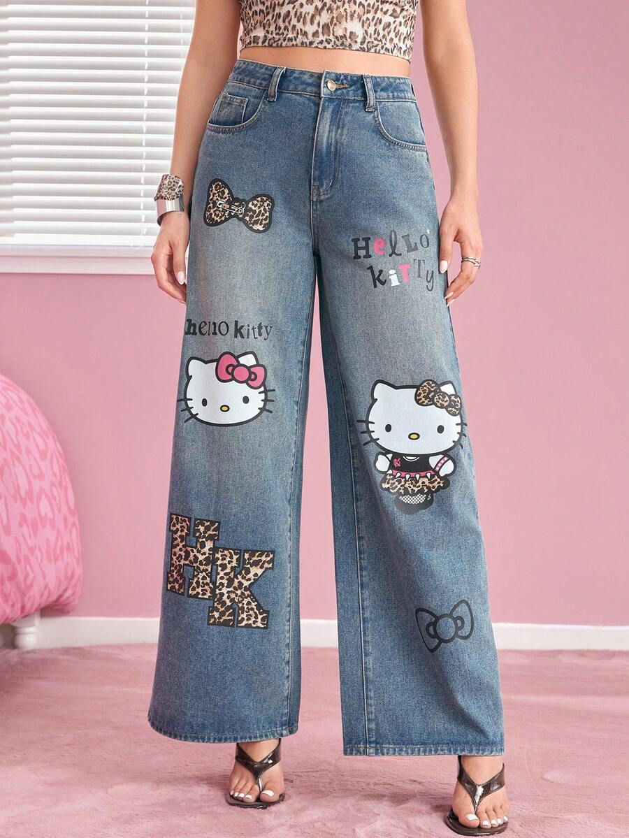 HELLO KITTY AND FRIENDS | SHEIN Women's Cartoon Pattern Printed Pocket Button Denim Jeans - Blue - View 1
