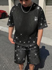 2件組青少年男款休閒極簡T恤套裝，經典酷感星星與閃亮珍珠印花，適合街頭風、Y2k - 黑色 - 查看 3