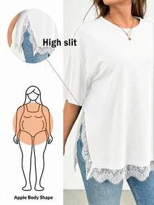 SHEIN Essnce White Lace Patchwork Split Hem Short Sleeve Plus Size Women's T-Shirt - White - View 3
