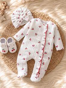 SHEIN Vintaside Kids 新生女嬰白色條紋甜美可愛鬆款前開拉鍊荷葉邊連身褲附腳套兩件套拍照裝 - 杏色 - 查看 4