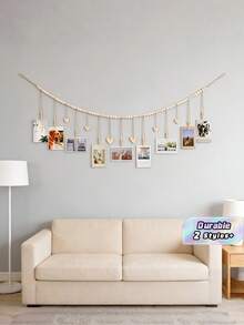 1 Piece Boho Style Hanging Photo Display Frame, Wall Art Decor With White Wooden Beads, Photo Clips & Cute Heart Tags, Perfect Ornament For Living Room, Bedroom, Classroom Wall Decoration - multicolor - View 1