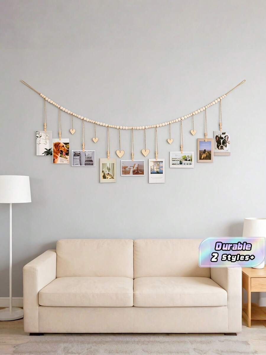 1 Piece Boho Style Hanging Photo Display Frame, Wall Art Decor With White Wooden Beads, Photo Clips & Cute Heart Tags, Perfect Ornament For Living Room, Bedroom, Classroom Wall Decoration - multicolor - View 1