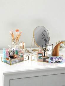 Luxury Gold Octagon Mirror Glass Vanity Tray For Cosmetic Perfume Storage, Retro Hex Embossed Glass Coasters With Golden Brass Edging, Anti-Slip Dining Table Trinket Mats. - gold - View 1