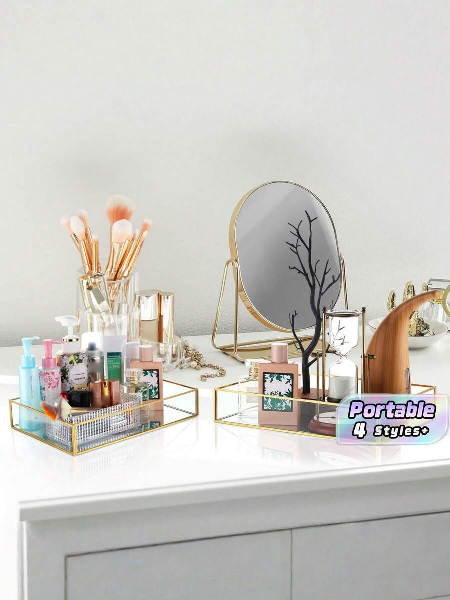 Luxury Gold Octagon Mirror Glass Vanity Tray For Cosmetic Perfume Storage, Retro Hex Embossed Glass Coasters With Golden Brass Edging, Anti-Slip Dining Table Trinket Mats. - gold - View 1