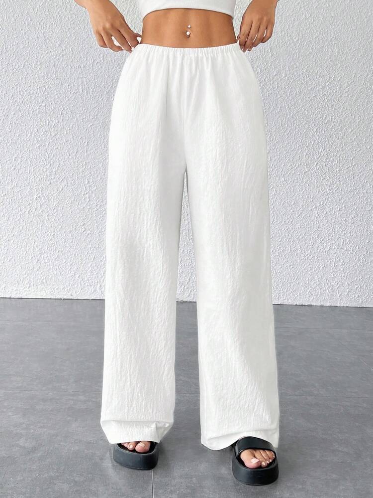 SHEIN PETITE CURVE CURVE Plus Size Women Petite Wide Leg Pants, White High-Waisted Elastic Waist Casual Eleganza Business Casual Trousers Vacation Summer - White - View 6