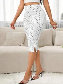SHEIN Lady 女款圓點側開衩緊身褲 - 黑與白 - 查看 2