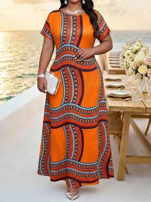 Fleurora Plus Size Geometric Print Fashion Vacation Dress - Orange - View 1