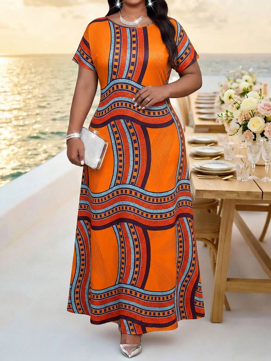 Fleurora Plus Size Geometric Print Fashion Vacation Dress - Orange - View 1