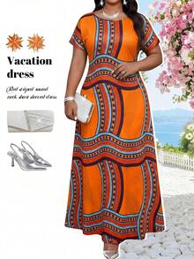 Fleurora Plus Size Geometric Print Fashion Vacation Dress - Orange - View 5