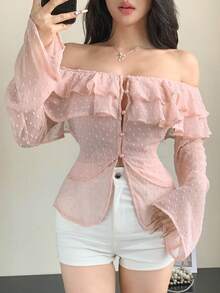 Joudiya 女款優雅粉色雪紡露肩長袖上衣，附荷葉邊飾，適合夏季婚禮、宴會、派對及正式場合外出的上衣 - 粉色 - 查看 5