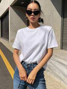 DAZY 女款純色圓領短袖休閒百搭T恤 夏季 - 白色 - 查看 6
