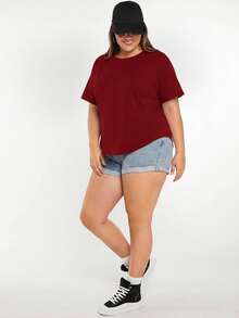 SHEIN BASICS 大尺碼夏季休閒百搭純色短袖T恤 - 酒紅色 - 查看 4