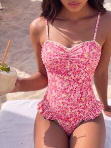 Swim Mod 夏季新款亮面布料亮片刺繡花卉三角比基尼 聚攏泳衣 女款 度假海灘 白色可愛飄逸 - 玫紅色 - 查看 5