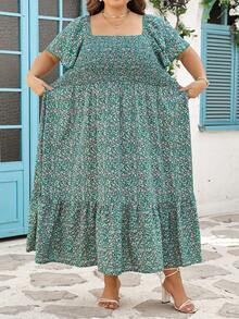 SHEIN CURVE+ Plus Size Curve Size US22 Music Festival, Seaside Vacation, Bohemia Ditsy Floral Vacation Casual Dress, Waist Cinched With Ruffle Hem Bohemian Curve Casual Summer Dress For Women - Green - View 11