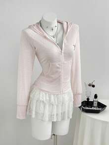 Elamini Women's Pink Striped Long Sleeve Hooded Bow Print Lightweight Jacket, Suitable For Daily Outings, Preppy Style, Vacation Style - Pink - View 6
