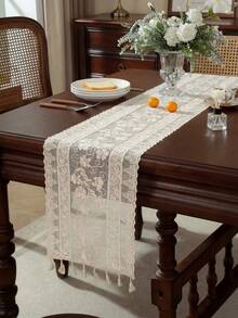 Floral Embroidered Tassel Decor Table Runner, Boho Lace Flower Design Table Runner For Dinner Table - Beige - View 3