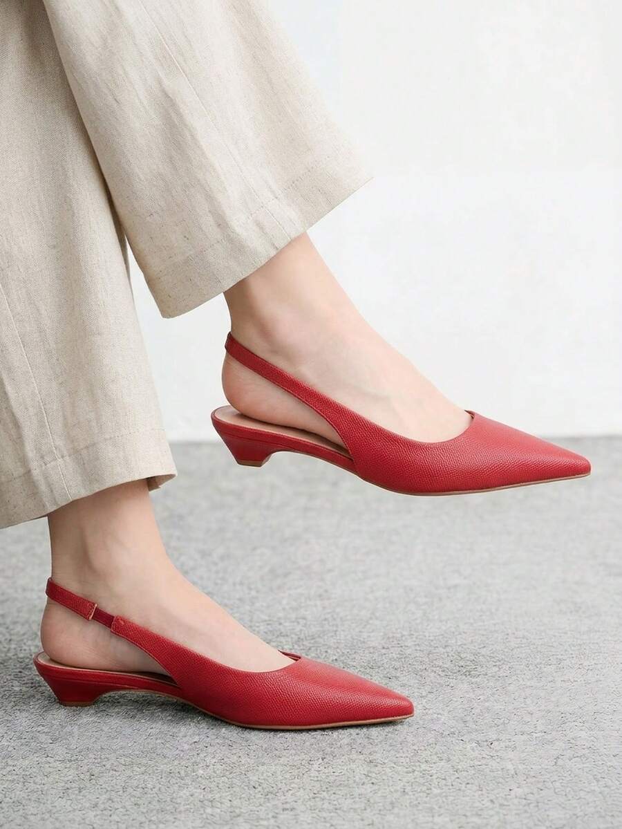 CUCCOO BIZCHIC Sepatu Flat Wanita PU Warna Solid Ringan dengan Tumit Miring Kecil, Berkelas Tinggi, Elegan, Burgundy, Pola Kasar, Tumit Embun, untuk Komuter, Kencan, dan Sehari-hari - Burgundy - View 1