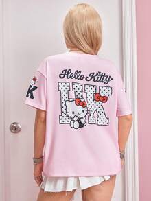 HELLO KITTY AND FRIENDS | SHEIN 女款字母卡通印花V領短袖休閒T恤 - 淺粉色 - 查看 2
