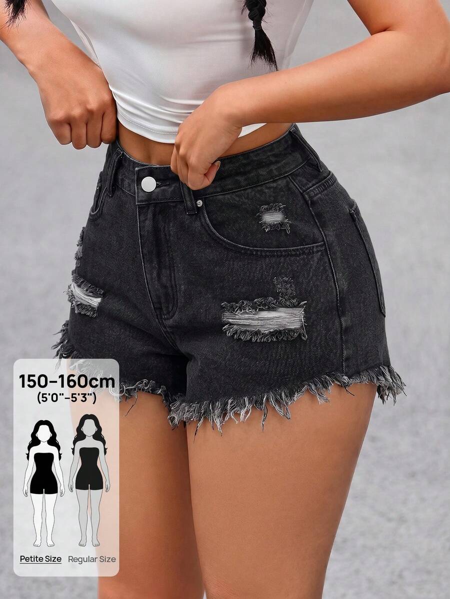 SHEIN PETITE 女款休閒破洞牛仔短褲,夏季,小個子女性 - 灰色 - 查看 1