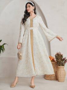 Al Najma 女士刺繡荷葉袖土耳其長裙 - 杏色 - 查看 5