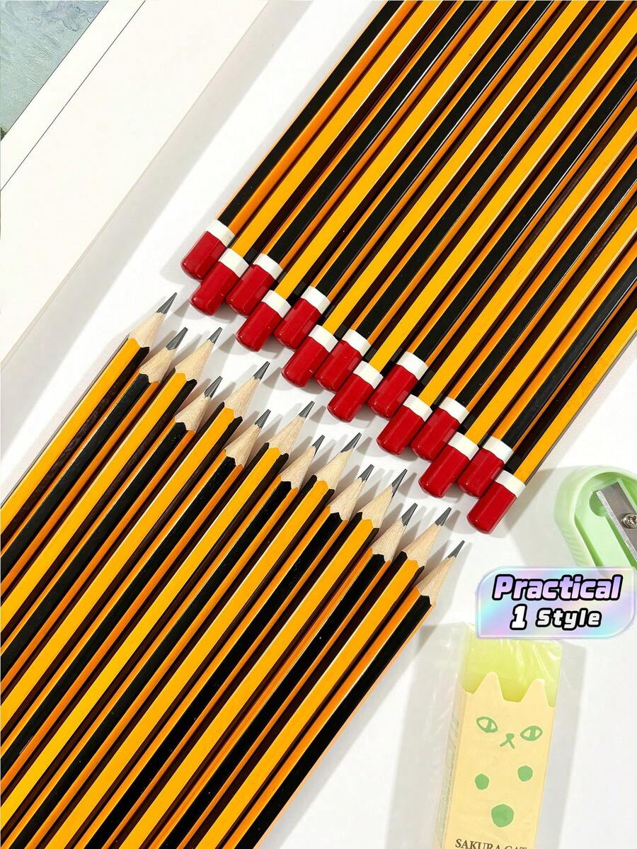 HB Pencils, Yellow Striped Poplar Wood Barrel, 0.7mm Medium Tip, HB Hardness - Ideal For Students And Office Use - A - View 1