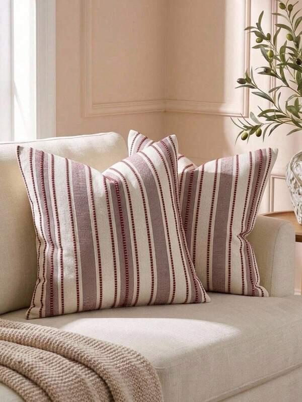 Cirelle 1pc/2pcs Boho Farmhouse Stripe Throw Pillow Covers, Modern Woven Jacquard Cushion Covers For Sofa Couch Bed, Rustic Red Vertical Striped Accent Pillowcases (No Insert)