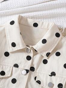 Elladie kids 女童牛仔夾克外套，春/秋季新品，Y2K風格，復古牛仔米色配黑色波點印花，經典牛仔領搭配金屬鈕扣與雙翻蓋口袋設計，修身寬鬆版型，柔軟舒適面料，百搭時尚風格，適合日常穿著、購物、旅行、校園、戶外等多種場合 - 白色 - 查看 7