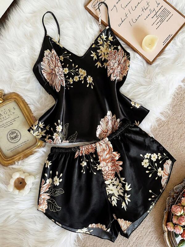 LuxeNights 2-Piece Set Women's Sexy Deep V-Neck Printed Camisole & Shorts, Elegant Satin Outfit, Suitable For All Seasons