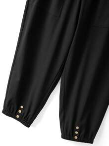 Linhara Loose Fit Cropped Length Casual Pants With Drawstring Waist, Side Pockets And Wooden Button Hem Decor, Plus Size Fall - Black - View 4