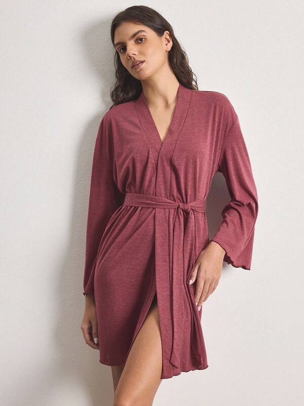 Ocili Women's Solid Color Long Sleeve Waist Tie Casual Robe