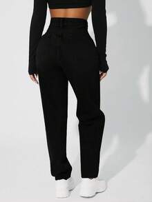 SHEIN PETITE 高腰媽媽版女款休閒牛仔褲，鈕扣口袋拉鍊設計，錐腳/胡蘿蔔褲型長褲，黑色標準版，春夏/秋冬日常休閒穿著，適合嬌小女性 - 黑色 - 查看 2