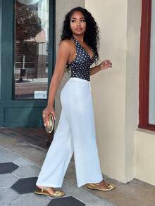 Alexandranx Einfarbige lässige Vintage Baggy Palazzo Hose mit Taschen, Damen Frühling Sommer weite Bein Anzughose, Damen Anzughose Business Kleidung Weiß - Weiss - Übersicht 4