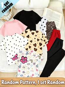 (Random 5 Sets, Send 1 Set) Summer Girls' Shining Leopard Pattern Love Bow Cherry Pattern Printed Basic Short T Plus Bottom Pants Set - Multicolor - View 2