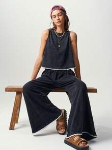 Bohemela Casual Fringe Solid Color Knit Tank Top Long Pants 2 Pieces Set For Women Everyday Lounge White Summer - Black - View 8