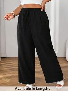 SHEIN PETITE CURVE 大尺碼女款休閒貝殼花卉工藝商務休閒沙灘褲,適合情人節、時尚通勤及其他場合,寬腿設計,附口袋。適合沙灘度假、大學生、情人節、郵輪旅行等。夏季寬鬆休閒褲,大尺碼女款休閒褲 - 黑色 - 查看 8