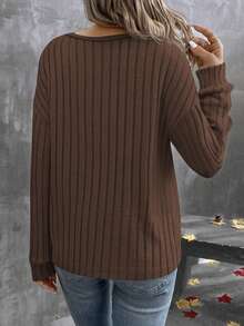 EMERY ROSE Women's Solid Color V-Neck Casual Versatile Daily Long Sleeve T-Shirt - Coffee Brown - View 2